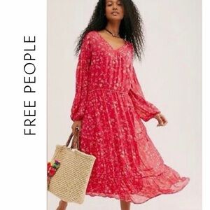 Free People Wallflower Floral Print Sheer lined Midi Dress, Raspberry Combo, XS